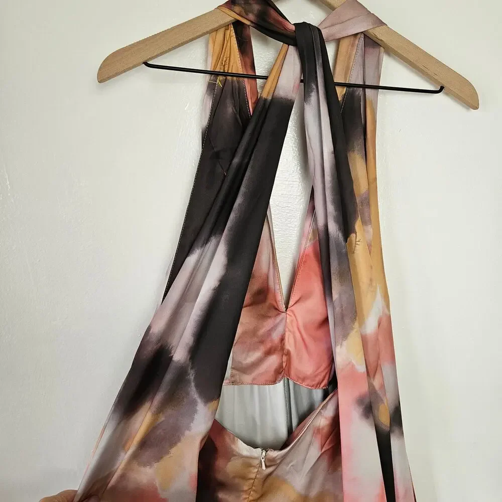 NEW Edition Asos Watercolor Print Satin Halter Maxi‎ Dress 4 Pink Black Tan NWT